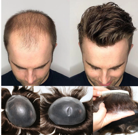 0.06 -0.08mm Thin Skin Men's Toupee Real Human Hair Pieces Natural Hairline Virgin Hair Replacement System For Men Natural